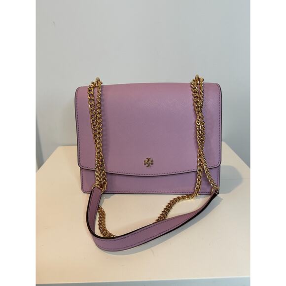 Tory Burch Emerson Flap Shoulder Bag Dusty Violet Adjustable Chain Strap Leather